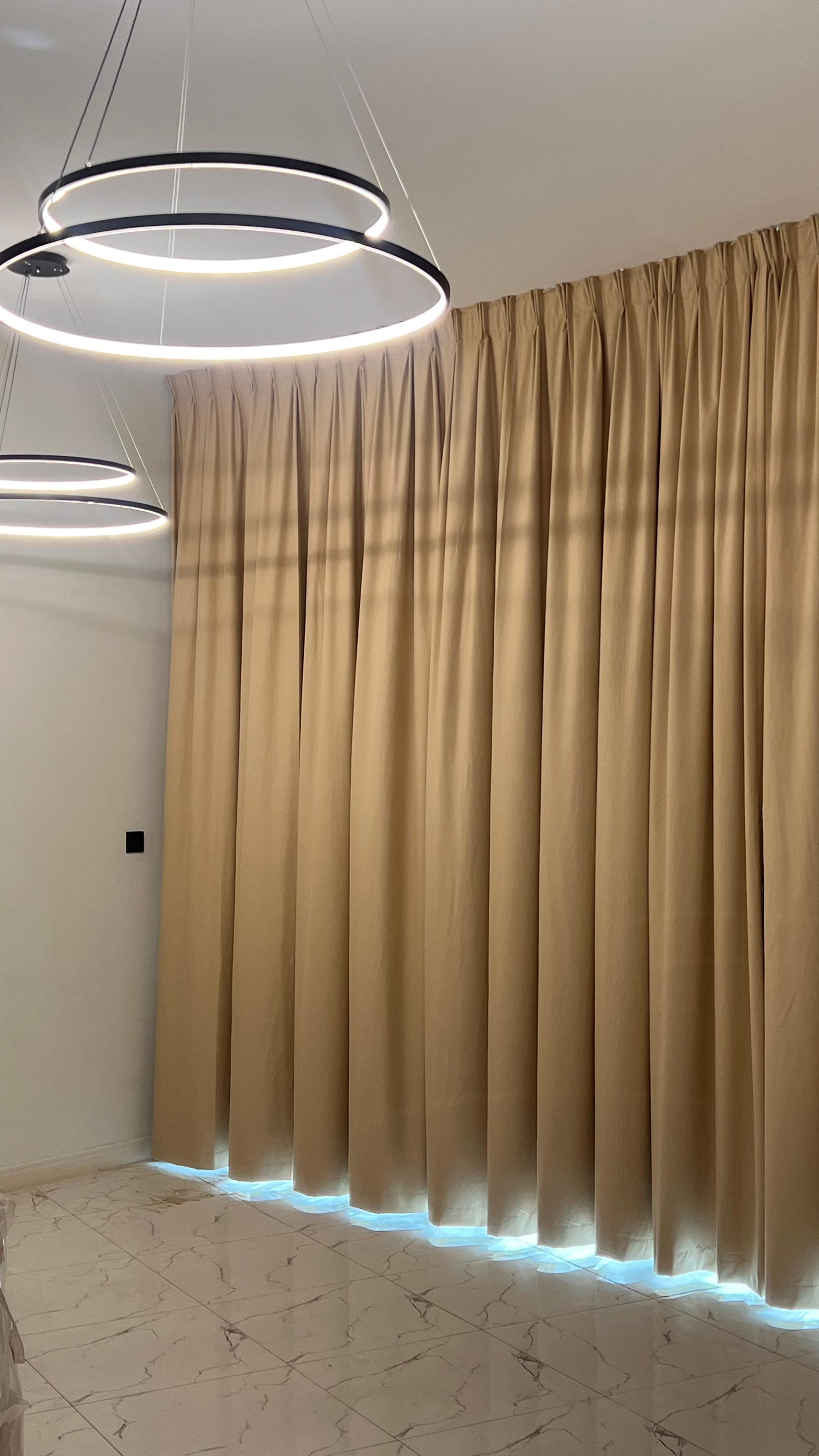 Elegant Beige Pleated Curtains with Floor-Length Design